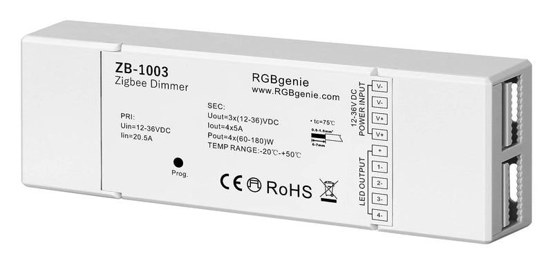 Zigbee LED Controller for LED Strip Lights. Dimmer and Repeater, 4 Channels at 5 Amps each, 720 Watts, RGBgenie ZB-1003