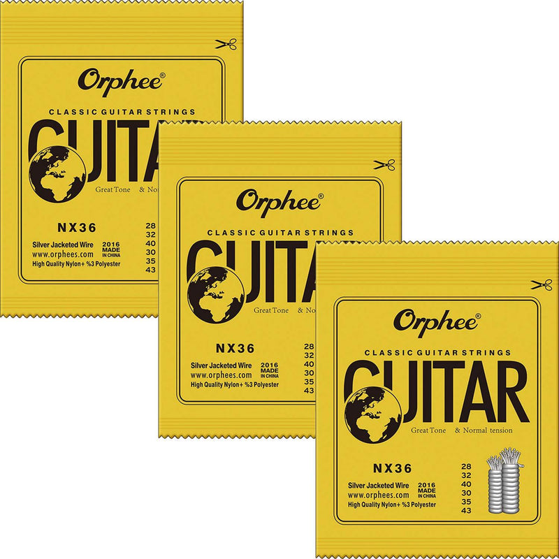 3 Packs Full Set Replacement Orphee NX36 Clear Nylon Silver Plated Classical Guitar Strings Standard Tension (.028 .032 .040 .030 .035 .043)