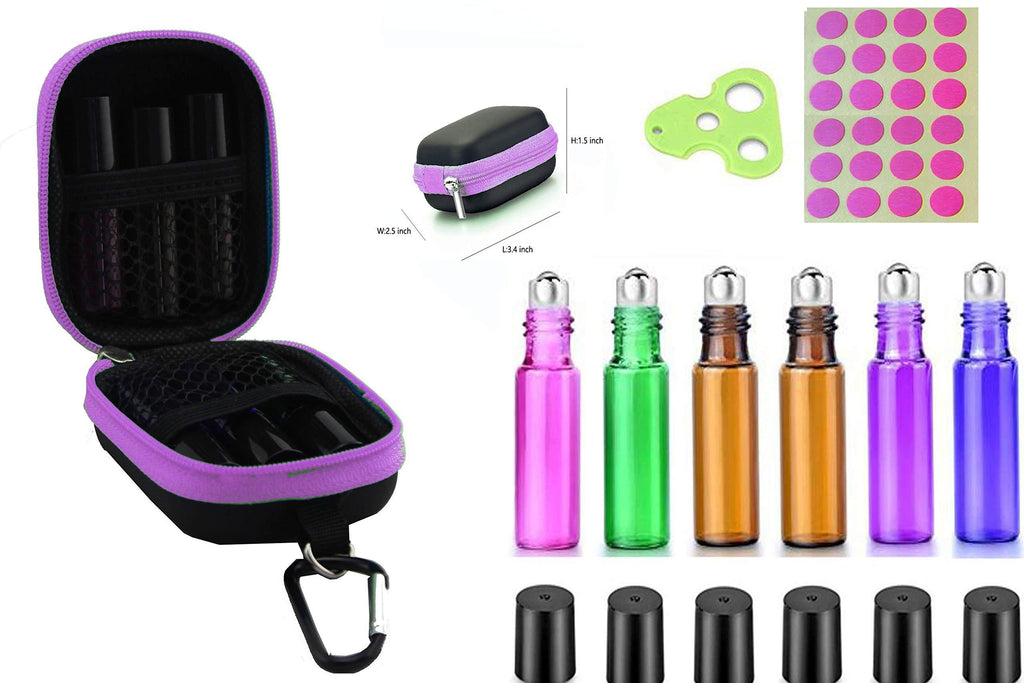 Premium 6 Pack 5ML Roller Bottles With 1X Essential Oil Carrying Case Perfects For Purse Travel 1PCS Opener Key Tool Some Blank lables (Purple) Purple