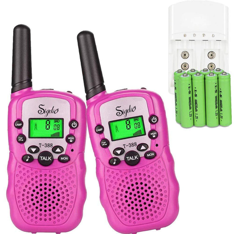 Sigdio Kids Walkie Talkies Rechargeable Walky Talky 22CH FRS 2 Way Radio Kids Toy with Multi-Charger Rechargeable Batteries VOX and Torch (Pink, 8 Rechargeable Batteries) pink