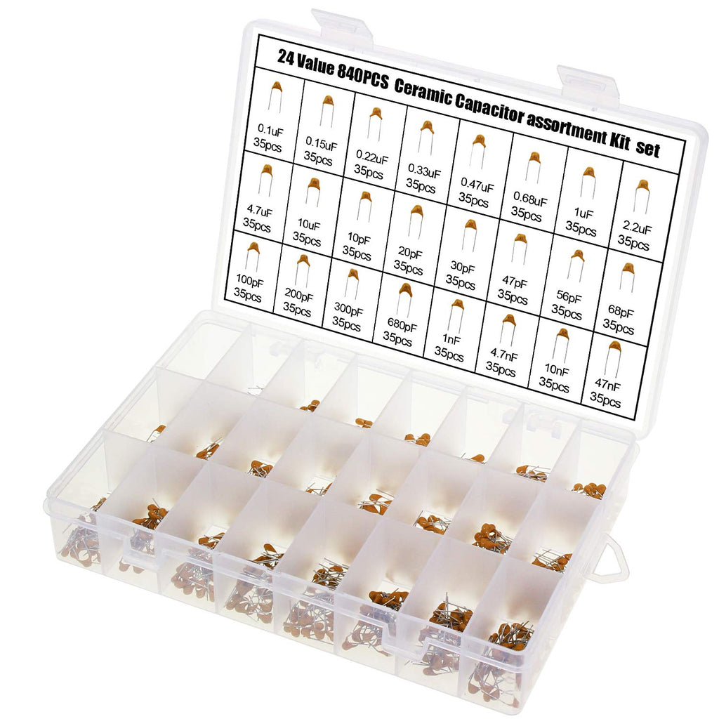 AuSL 24Values 840PCS Ceramic Capacitor DIP Monolithic Multilayer Ceramic Chip Capacitors Assortment Box Kit Range 10PF-10uf (840PCS)