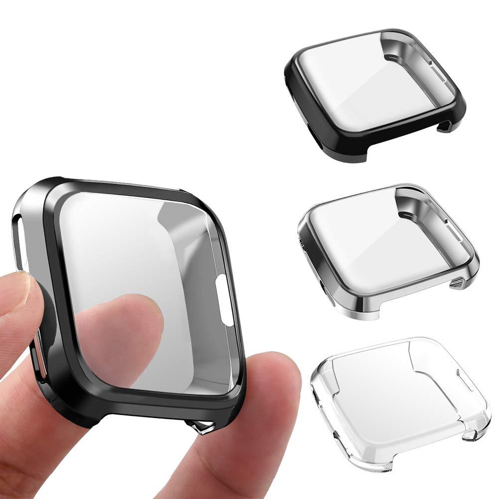 3 Packs Screen Protector Compatible Fitbit Versa, GHIJKL Ultra Slim Soft Full Cover Case for Fitbit Versa Versa: Crystal Clear, Black, Silver