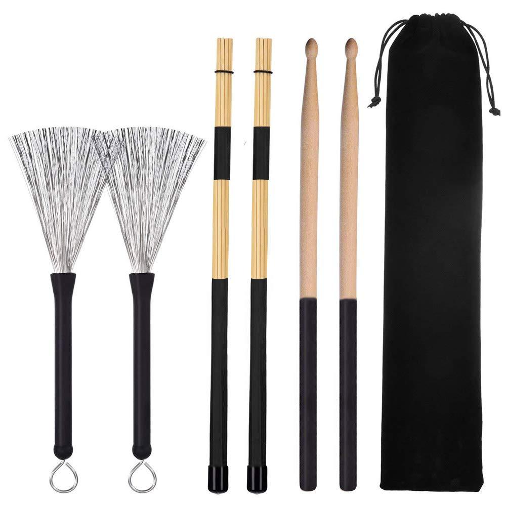 Cooyeah Drum Stick Brush Set, 1 Pair 5A Classic Maple Wood Drum Sticks 1 Pair Retractable Drum Wire Brushes and 1 Pair Rods Drum Brushes for Jazz Folk, Total 3 Pairs with Storage Bag