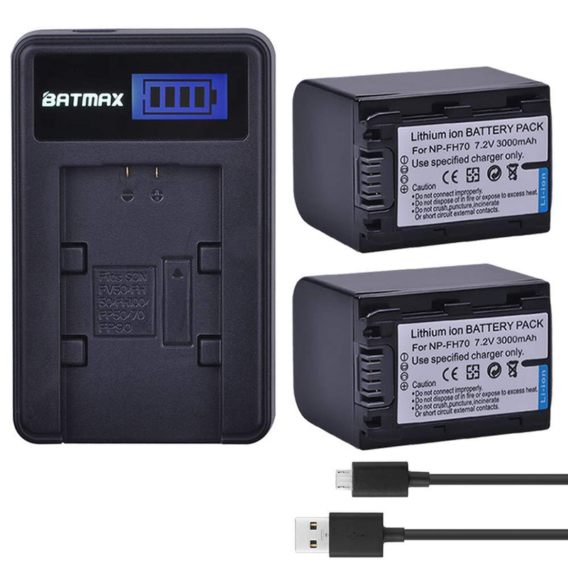 Batmax 2Packs NP-FH70 Battery(3000mAh) + LCD USB Charger for Sony NP-FH7 NP-FH90,NP-FH100 Batteries;Sony Handy Cam DCR-DVD850 SX40 SX41 SX60 HDR-CX100 TG5 CX500