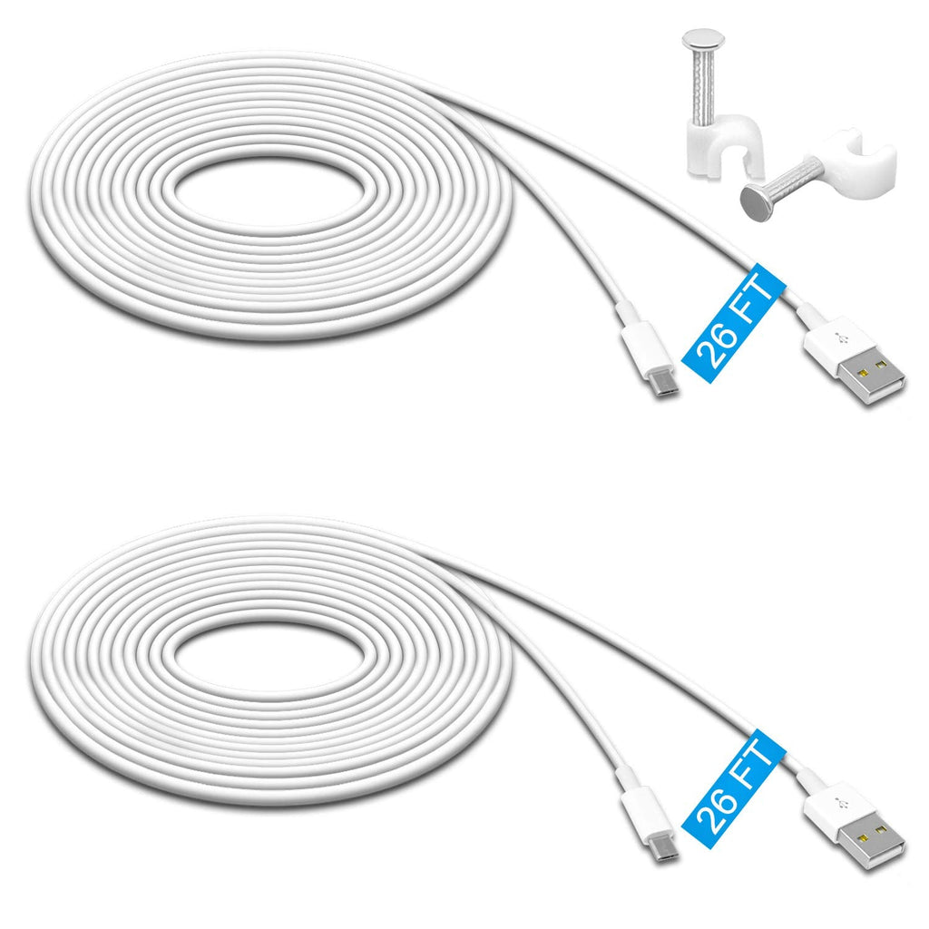 2 Pack 26FT Power Extension Cable for Wyze Cam V3,for Wyze Cam Pan V2,for Wyze Cam Pan,for WyzeCam,for Kasa Cam,for YI Dome Home,for Furbo Dog,for Nest Cam,Charging Data Sync Cord for Security Camera White