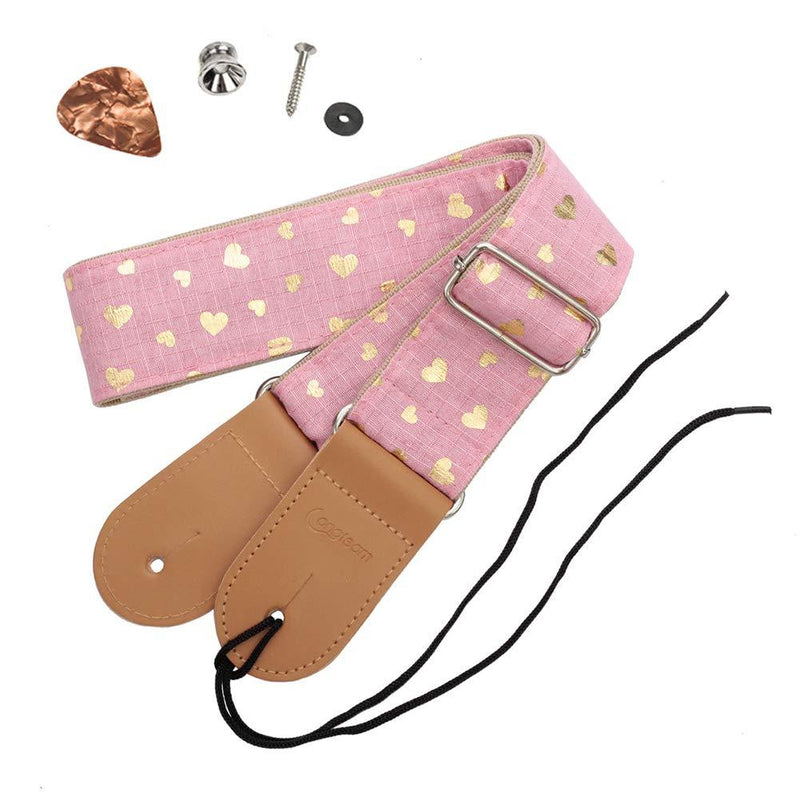 HOT SEAL Cute Printed Adjustable Genuine Leather Metal Hook Guitar Strap Bass Universal Strong Back Straps (Heart-shaped pink) Heart-shaped pink