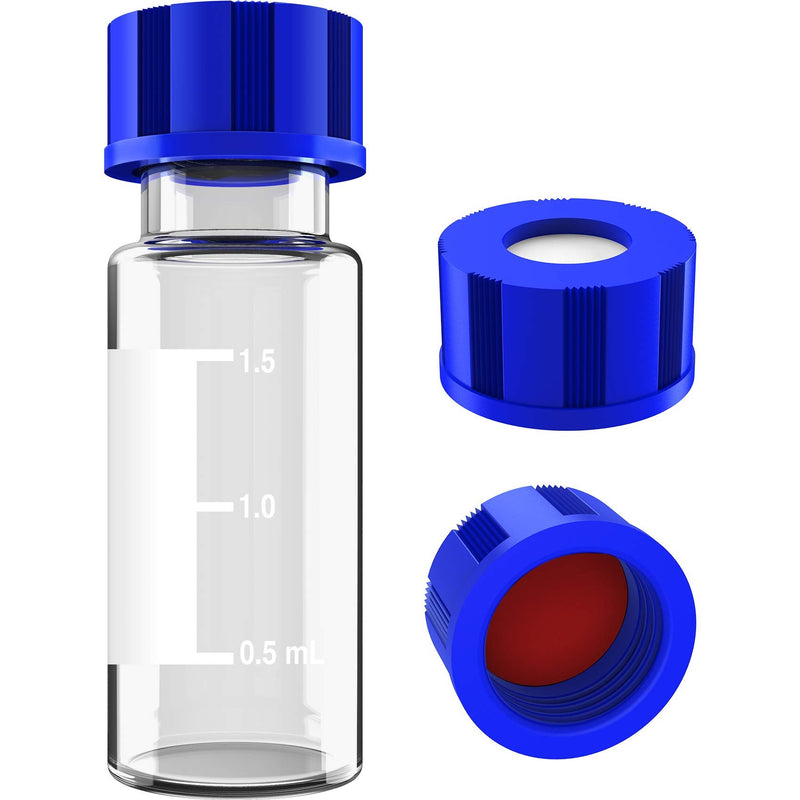 2mL Autosampler Vials, 9-425 HPLC Vials with Writing Area and Graduations, Screw Cap, Red PTFE & White Silicone Septa, 100 Pcs Clear Red White Septa