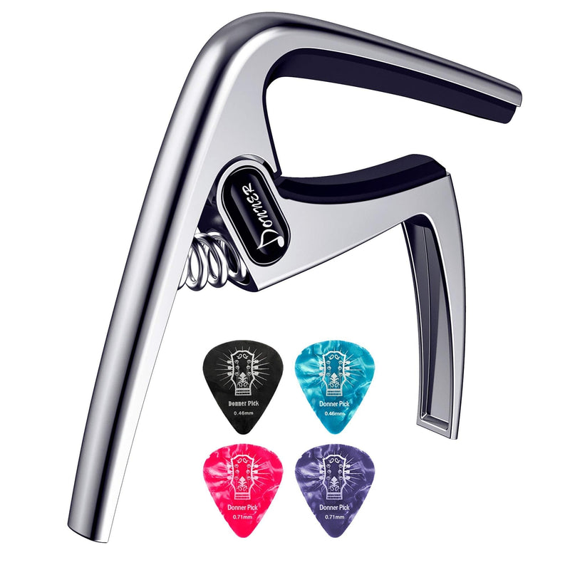 Donner Guitar Capo DC-3 for Acoustic and Electric Guitar Ukulele Banjo Mandolin Silver With Picks