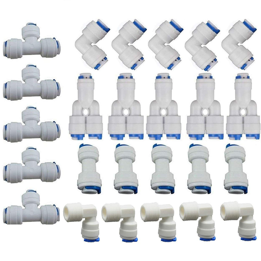 Lemoy Quick Connect Push in Fittings to Fasten 1/4” OD Water Tubing for Reverse Osmosis Systems and Water Filters Set of 25 (Type L+T+Y+I+Elbow Combo)
