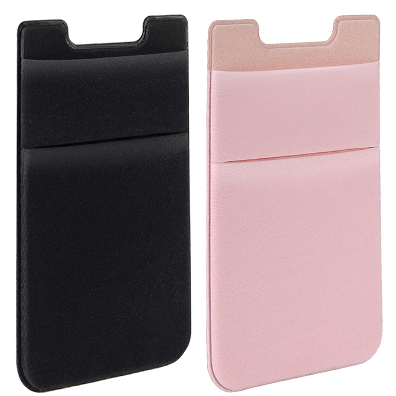 SHANSHUI Card Holder for Back of Phone, Adhesive Stretchy Fabric Lycra Double Slots Credit Card Sleeves Stick On Wallet Pocket Compatible with iPhone and Most Smartphones(Black&Pink) Black Pink(2pcs)