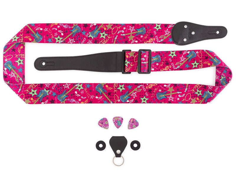 Pink Guitar Strap for Kids, Beginners, Youth, and Adults - Includes Matching Picks, Strap Locks and Keychain Pick holder. Great Gift for Girls and Boys. Pink