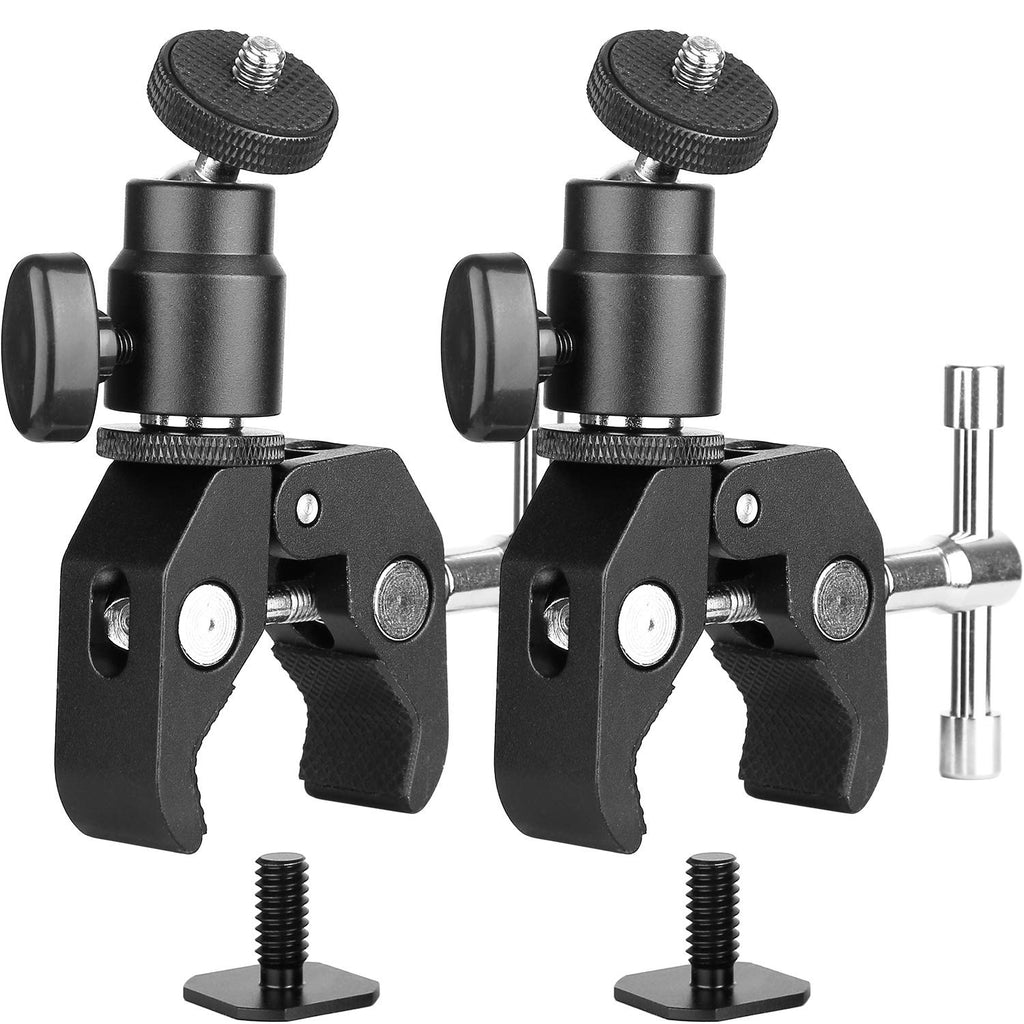 ChromLives Camera Clamp Mount Ball Head Monitor Clamp Super Clamp and Mini Ball Head Hot Shoe Mount with 1/4''-20 Tripod Screw for LCD/DV Monitor, LED Lights, Flash,Microphone and More 2Pack