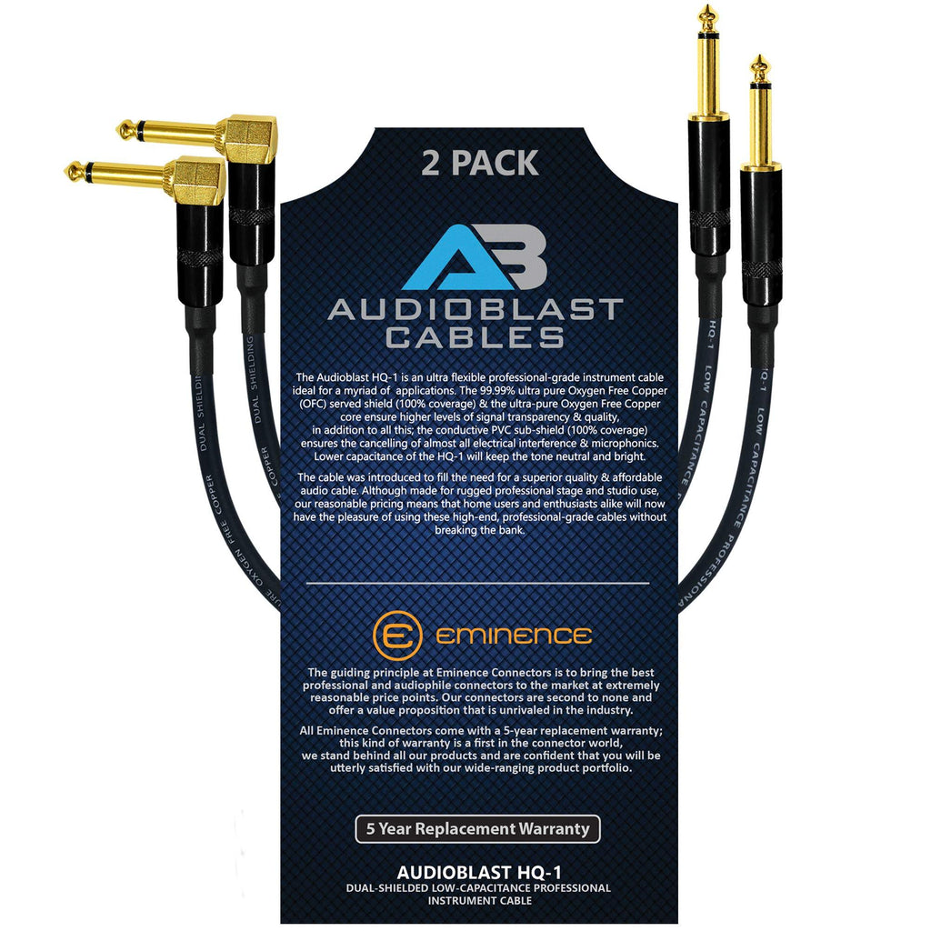 [AUSTRALIA] - Audioblast - 2 Units - 15 Inch - HQ-1 - Ultra Flexible - Dual Shielded (100%) - Guitar Instrument Effects Pedal Patch Cable w/Eminence Straight & Angled Gold ¼ inch (6.35mm) TS Plugs & Double Boots 