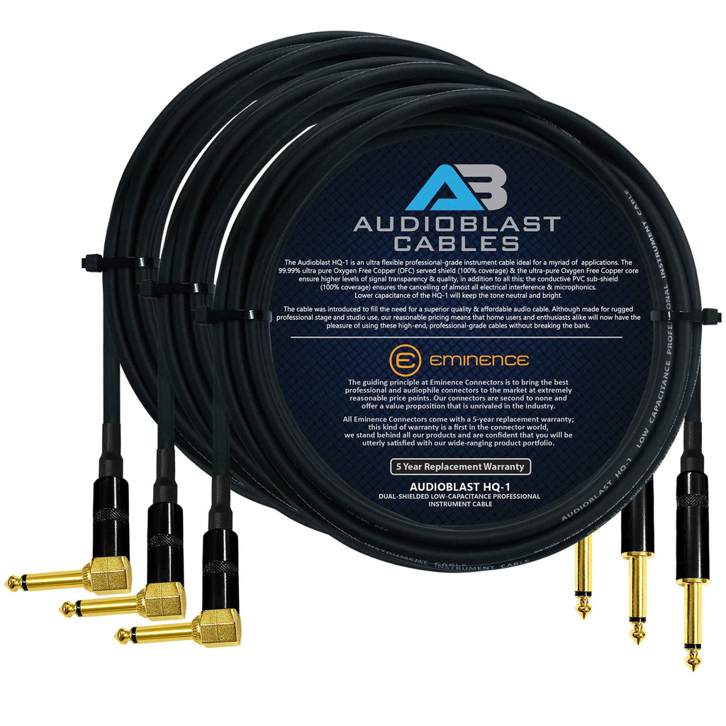 [AUSTRALIA] - Audioblast - 3 Units - 12 Foot - HQ-1 - Ultra Flexible - Dual Shielded (100%) - Guitar Instrument Effects Pedal Patch Cable w/ Eminence Straight & Angled Gold ¼ inch (6.35mm) TS Plugs & Double Boots 