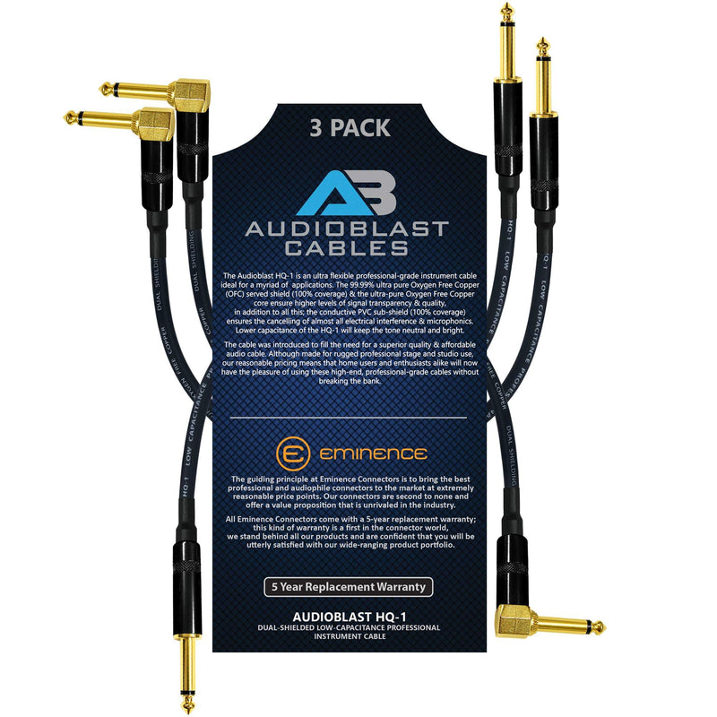 [AUSTRALIA] - Audioblast - 3 Units - 8 Inch - HQ-1 - Ultra Flexible - Dual Shielded (100%) - Guitar Instrument Effects Pedal Patch Cable w/ Eminence Straight & Angled Gold ¼ inch (6.35mm) TS Plugs & Double Boots 