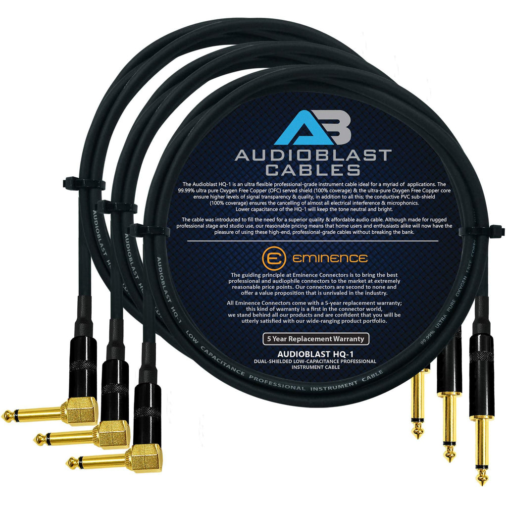 [AUSTRALIA] - Audioblast - 3 Units - 5 Foot - HQ-1 - Ultra Flexible - Dual Shielded (100%) - Guitar Instrument Effects Pedal Patch Cable w/Eminence Straight & Angled Gold ¼ inch (6.35mm) TS Plugs & Double Boots 