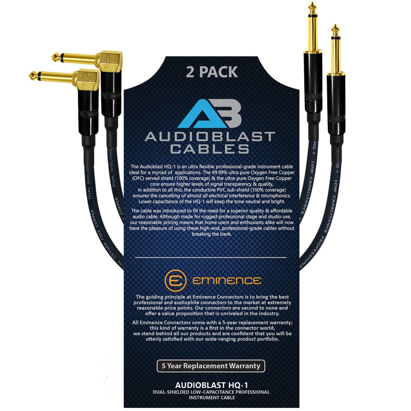 [AUSTRALIA] - Audioblast - 2 Units - 8 Inch - HQ-1 - Ultra Flexible - Dual Shielded (100%) - Guitar Instrument Effects Pedal Patch Cable w/ Eminence Straight & Angled Gold ¼ inch (6.35mm) TS Plugs & Double Boots 