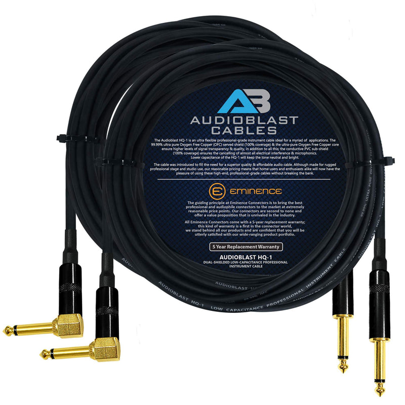 [AUSTRALIA] - Audioblast - 2 Units - 20 Foot - HQ-1 - Ultra Flexible - Dual Shielded (100%) - Guitar Instrument Effects Pedal Patch Cable w/ Eminence Straight & Angled Gold ¼ inch (6.35mm) TS Plugs & Double Boots 