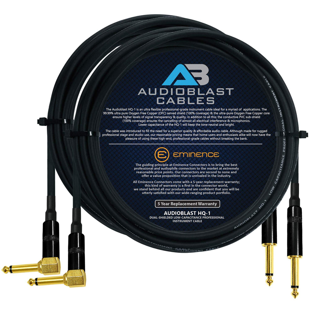 [AUSTRALIA] - Audioblast - 2 Units - 8 Foot - HQ-1 - Ultra Flexible - Dual Shielded (100%) - Guitar Instrument Effects Pedal Patch Cable w/Eminence Straight & Angled Gold ¼ inch (6.35mm) TS Plugs & Double Boots 