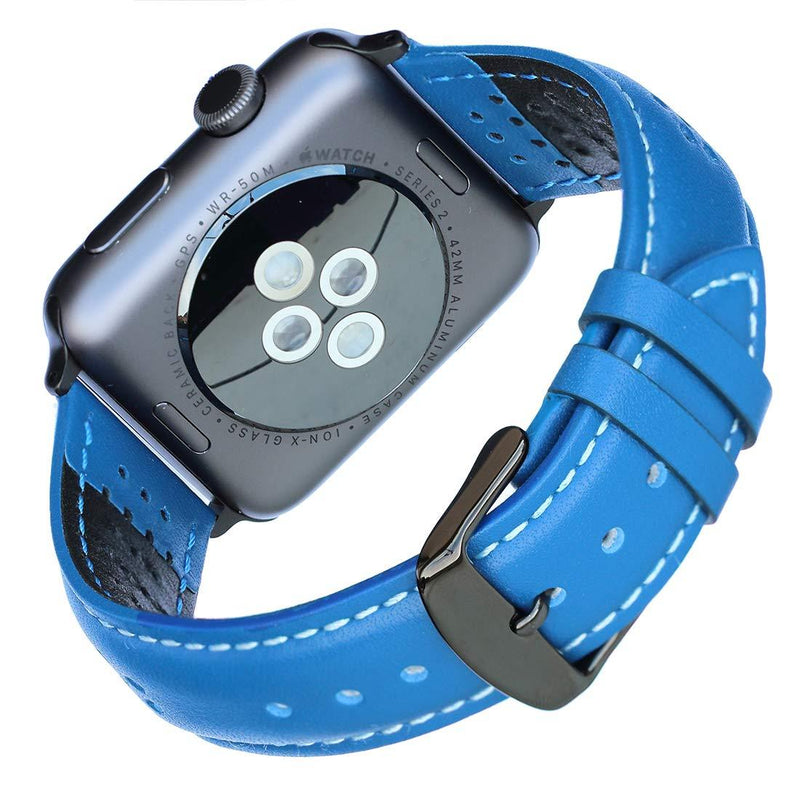 Wellfit Genuine Leather Replacement Band Compatible with iWatch Series 4 (44mm) Series 3 Series 2 Series 1 (42mm), (42mm, Blue)