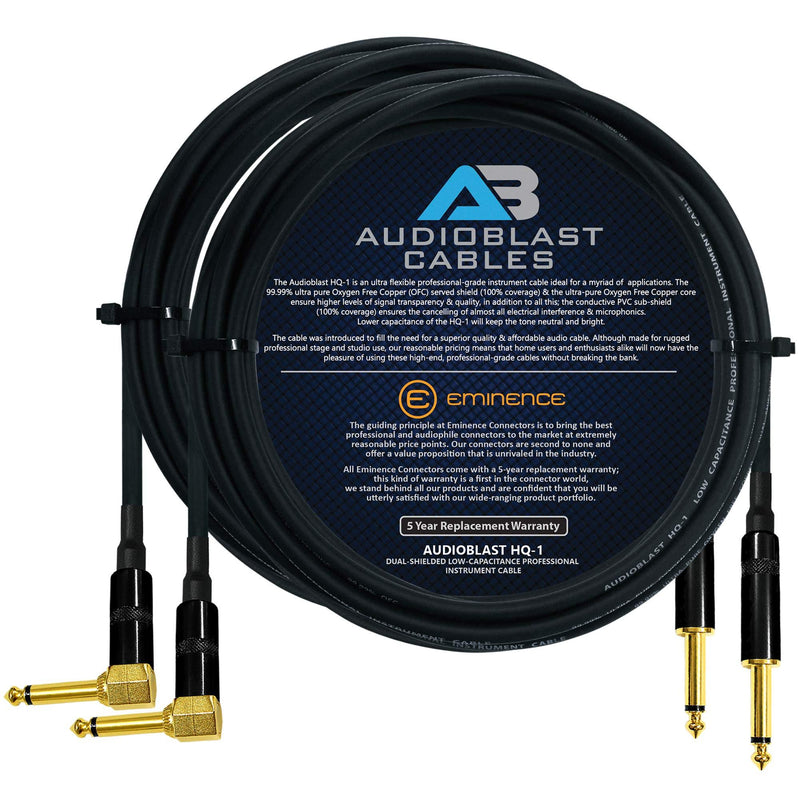 [AUSTRALIA] - Audioblast - 2 Units - 12 Foot - HQ-1 - Ultra Flexible - Dual Shielded (100%) - Guitar Instrument Effects Pedal Patch Cable w/Eminence Straight & Angled Gold ¼ inch (6.35mm) TS Plugs & Double Boots 