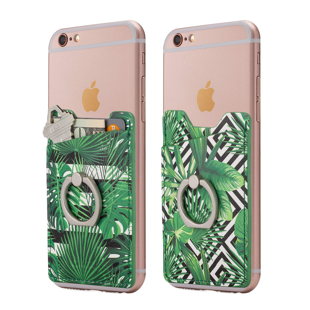 Cardly (Two Finger Ring and Cell Phone Stick on Wallet Card Holder Phone Pocket for iPhone, Android and All Smartphones. (Patterned Leaves) Patterned Leaves