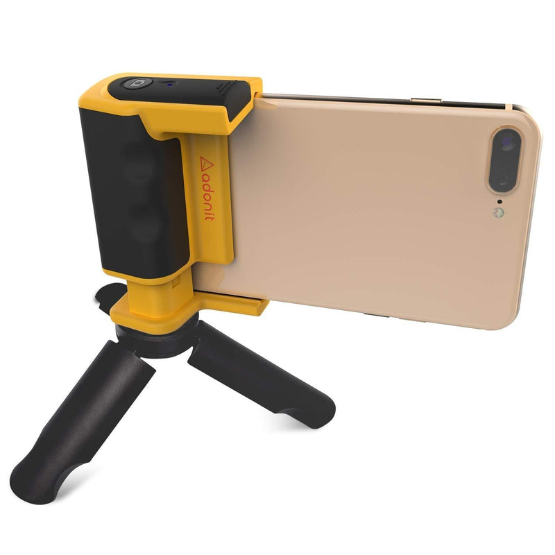 Adonit Photogrip (Yellow) Stabilizer Hand Grip Phone Holder with Bluetooth Remote Shutter, Mini Tripod, Travel Bag, Mini Stylus Kits for iPhone, Android, Samsung, LG, Google Pixel, HTC, Smart Phone Yellow