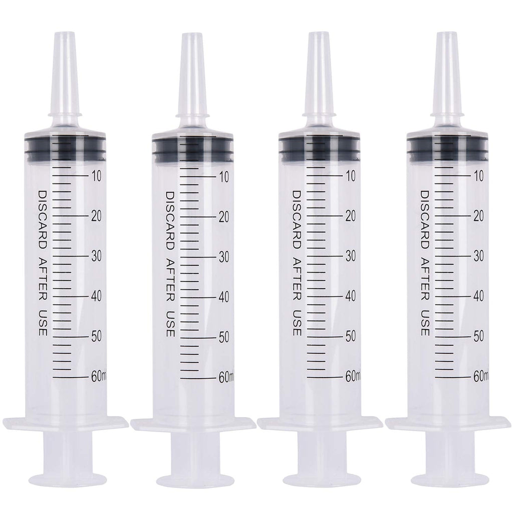 4 Pack 60ml Syringe - Buytra Plastic Disposable 60cc Syringes with Covers, Catheter Tip, Sterile, Single Pack, Great for Hydroponics Nutrient Measuring, Watering, Refilling, Lab Experiment