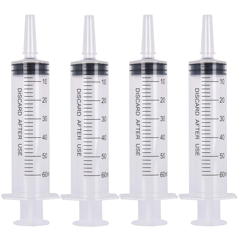 4 Pack 60ml Syringe - Buytra Plastic Disposable 60cc Syringes with Covers, Catheter Tip, Sterile, Single Pack, Great for Hydroponics Nutrient Measuring, Watering, Refilling, Lab Experiment