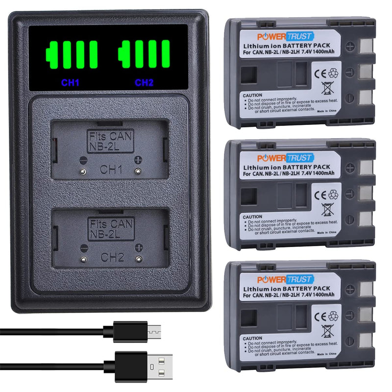 PowerTrust 3-Pack NB-2L NB-2LH Battery and NB2L Dual USB Charger for Canon DC301, DC310, DC320, DC330, DC410, DC420, Elura 40, 50, 60, 65, 70, 80, 85, 90, EOS 350D, 400D, Digital Rebel XT, XTi Camera