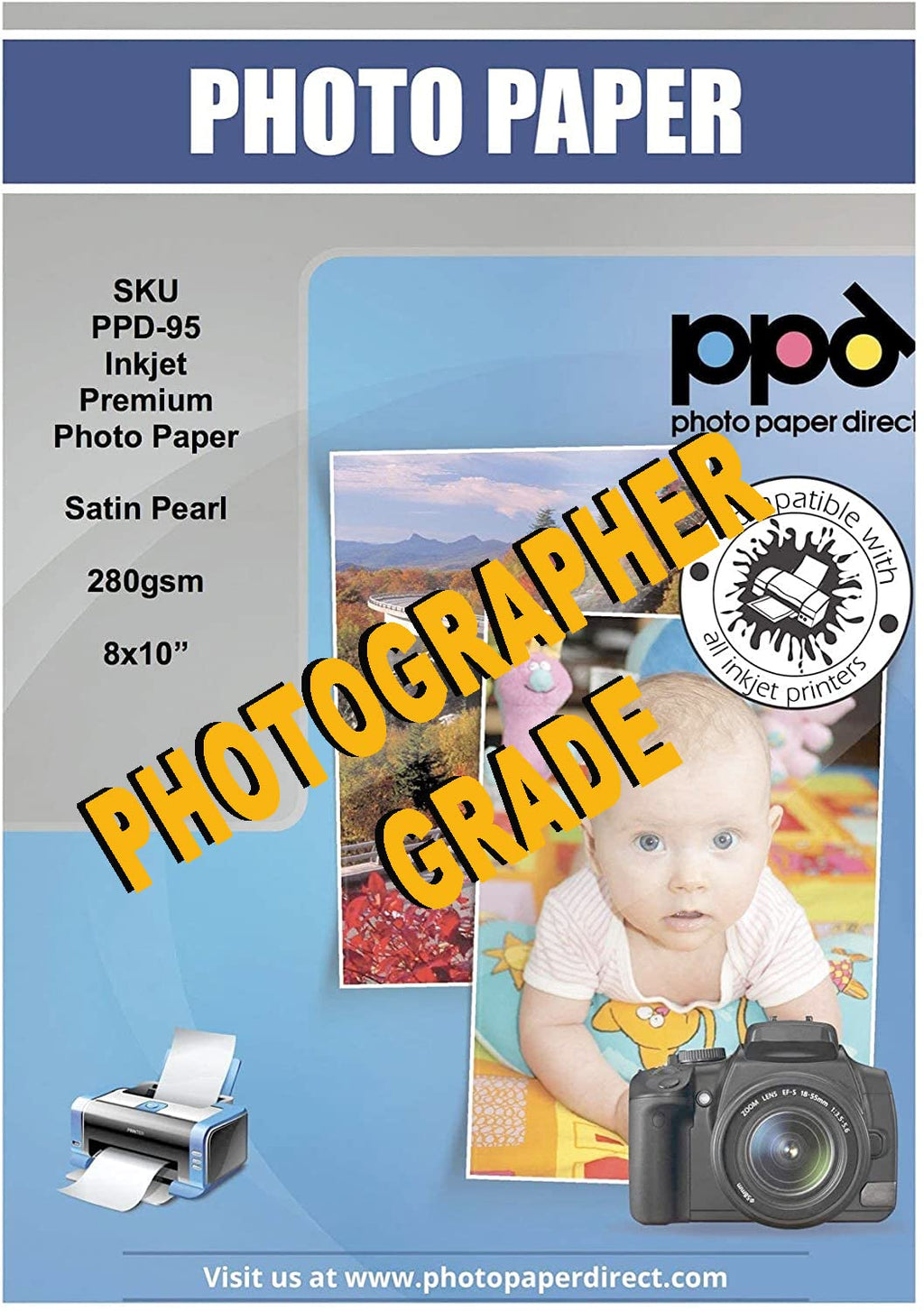 PPD 50 Sheets Inkjet Super Premium Satin Semi Gloss Photo Paper 8x10 68lbs 255gsm 10.5mil Microporous Professional Photographer Grade Instant Dry Fade and Water Resistant (PPD-95-50) 8x10"