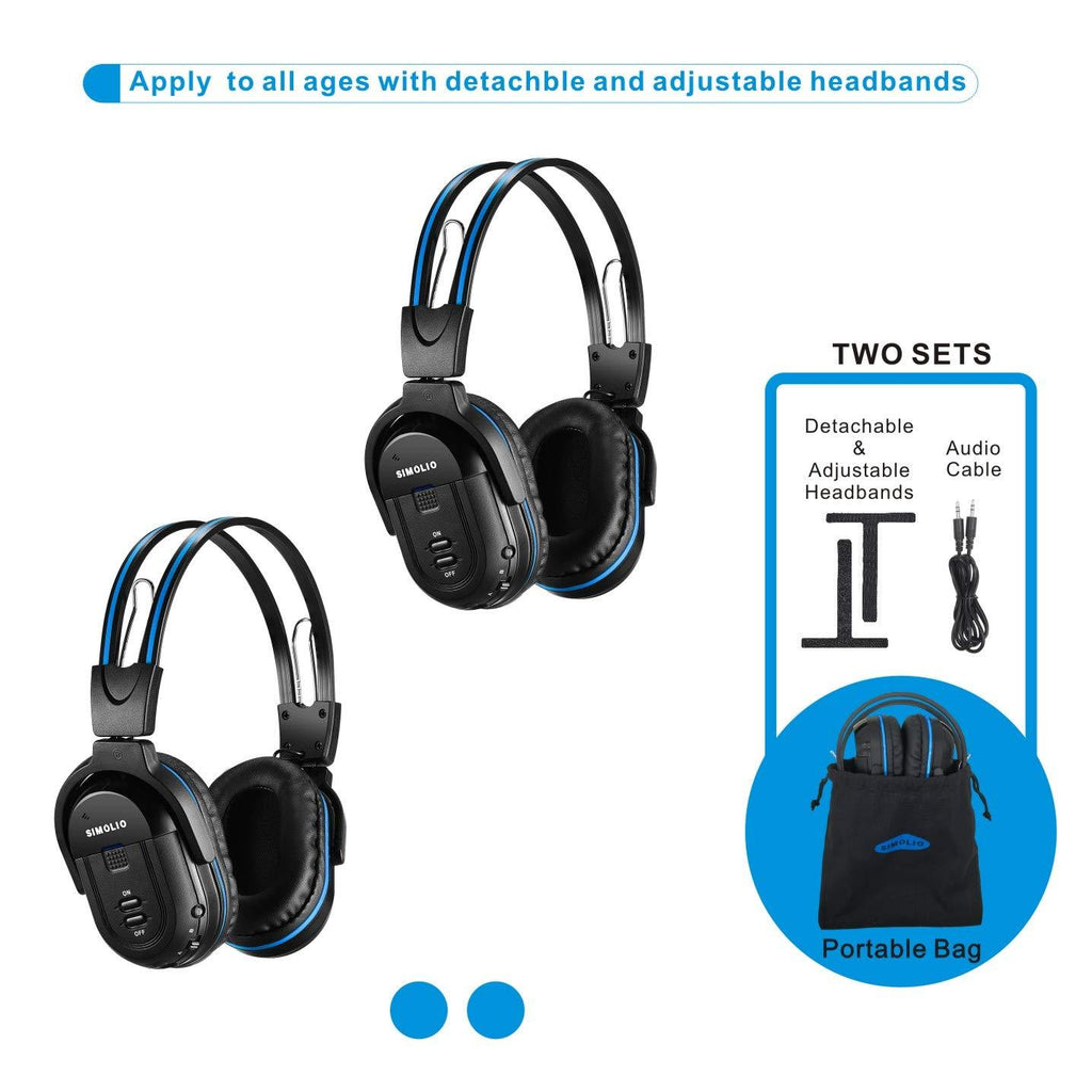 SIMOLIO 2 Pack of Wireless Car Headphones, Kid-Friendly Automotive IR Wireless Headphones, in Car Wireless Headsets with Travelling Bag, Universal Rear Entertainment System Infrared Headphones Blue