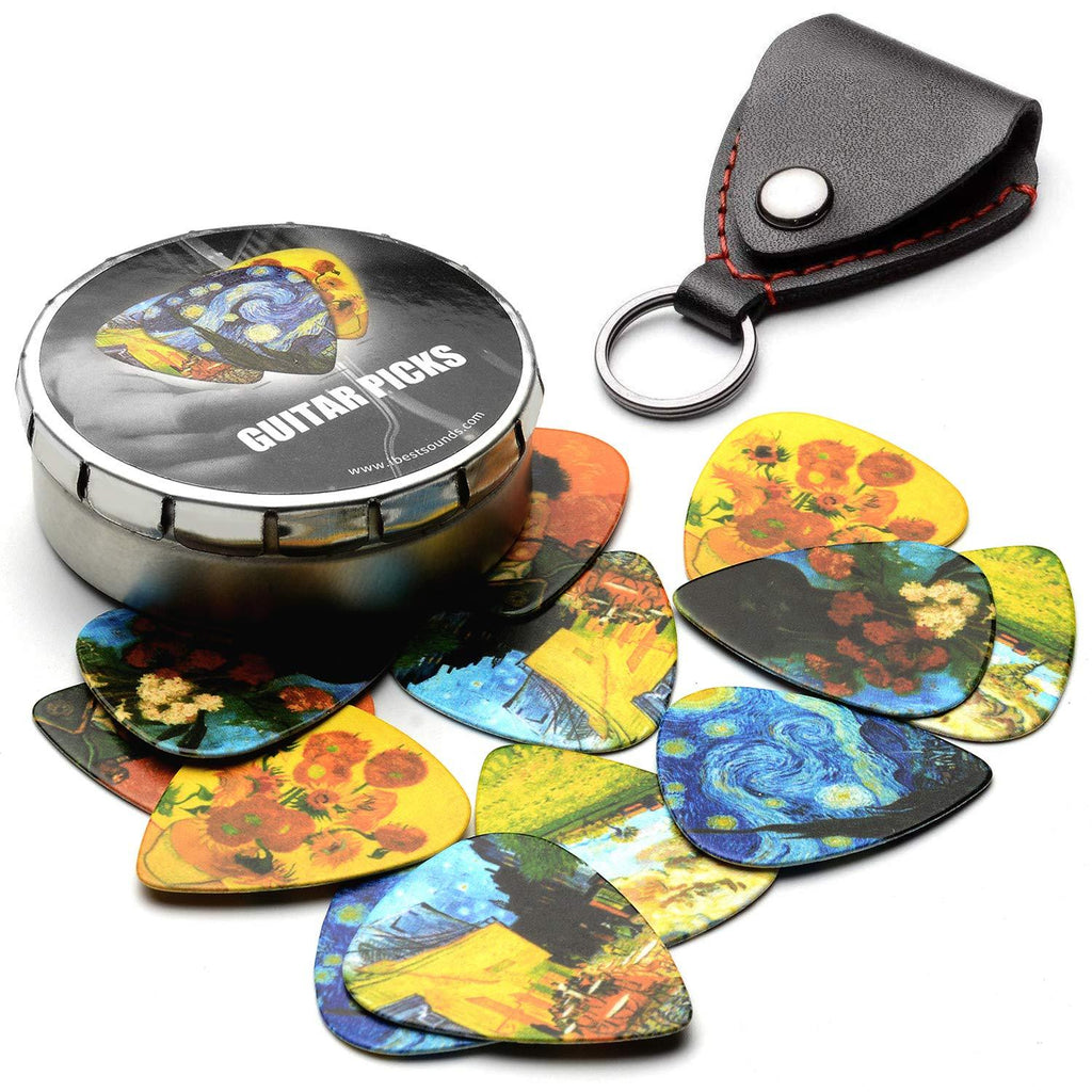 Van Gogh 12 Pack Guitar Picks with 100% Leather Picks Holder - Celluloid Medium Plectrums Unique Gifts For Guitarist 12 Pack Van Gogh