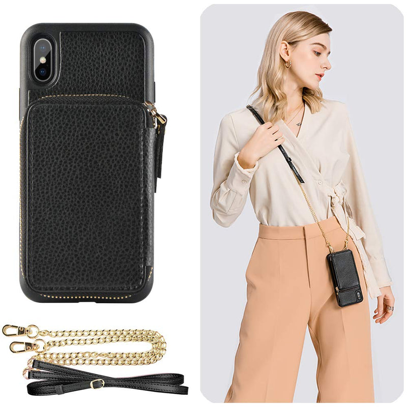 iPhone Xs Max Wallet Case, ZVE iPhone Xs Max Case with Credit Card Holder Slot Crossbody Chain Handbag Purse Wrist Zipper Strap Case Cover for Apple iPhone Xs Max 6.5 inch - Black
