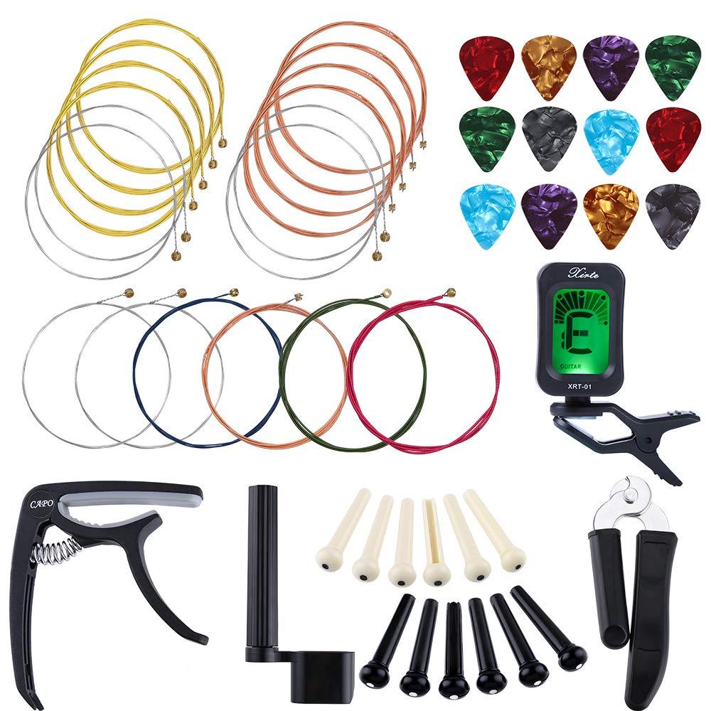 Auihiay 46 PCS Guitar Strings Changing Kit Guitar Tool Kit Including Guitar Strings Guitar Tuner Picks Capo Pins Guitar String Cutter and Winder for Beginner