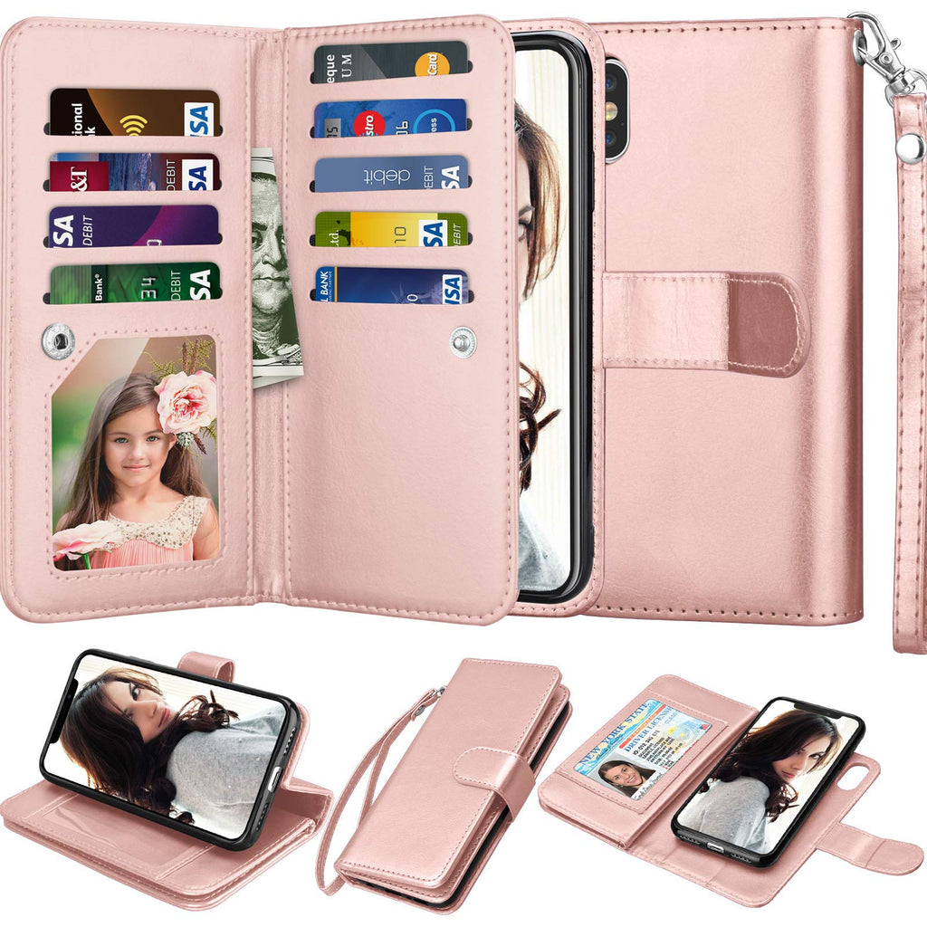 Njjex Wallet Case for iPhone Xs Max, for iPhone Xs MAX Case, PU Leather [9 Card Slots] ID Credit Folio Flip [Detachable][Kickstand] Magnetic Phone Cover & Lanyard for iPhone Xs Max 6.5" [Rose Gold] Rose Gold