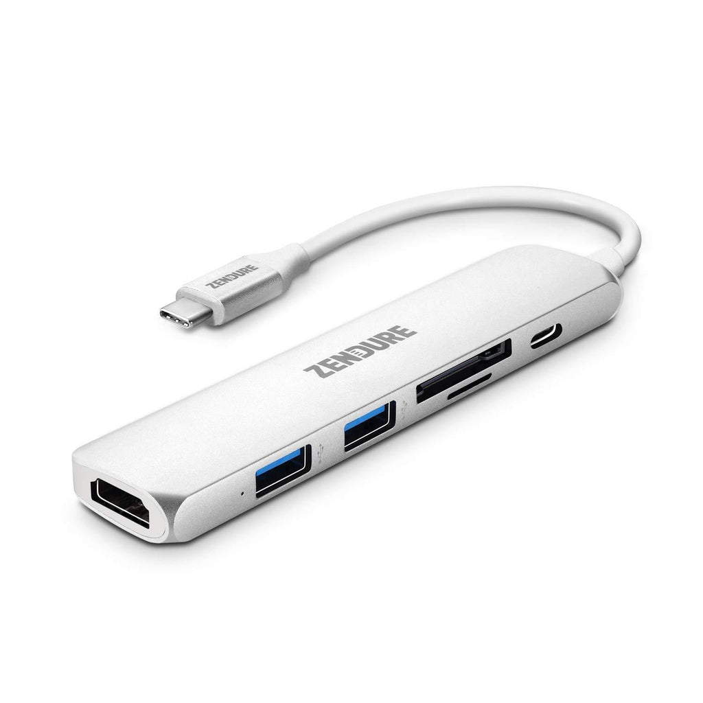 Zendure 6-in-1 USB-C Hub, 49W Slim Aluminum Adapter with 4K USB C to HDMI, microSD/SD Card Reader, 2 USB 3.0 Ports, for MacBook, iPad Pro 2018, ChromeBook, XPS, Hp and More - Silver