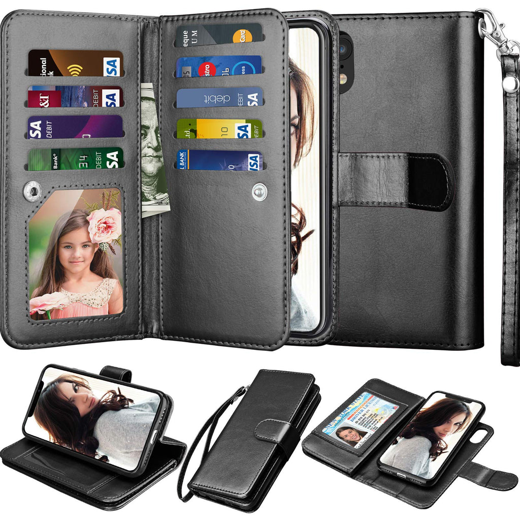 Njjex Wallet Case for iPhone XR, for iPhone XR Case, PU Leather [9 Card Slots] ID Credit Holder Folio Flip Cover [Detachable][Kickstand] Magnetic Phone Case & Lanyard for iPhone XR 6.1" 2018 [Black] Black