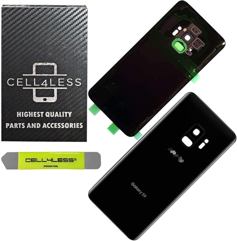 CELL4LESS Compatible Back Glass Cover Back Door w/Pre-Installed Camera Frame l Adhesive - Removal Tool - Camera Lens & Frame for Samsung Galaxy S9 OEM - All Models G960 All Carriers (Black) Black