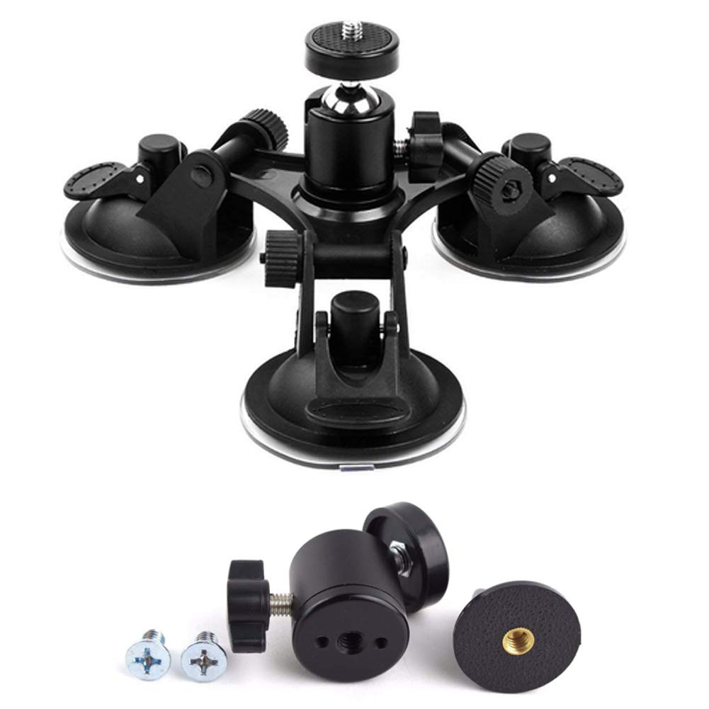 Walway Triple Suction Cup Mount with 360 Degree Tripod Ball Head Mount & Screw Mount Adapter for GoPro Hero 6 5 4 Session 3+, SJCAM SJ4000 SJ5000 SJ6000, Sony, Xiaomi Yi