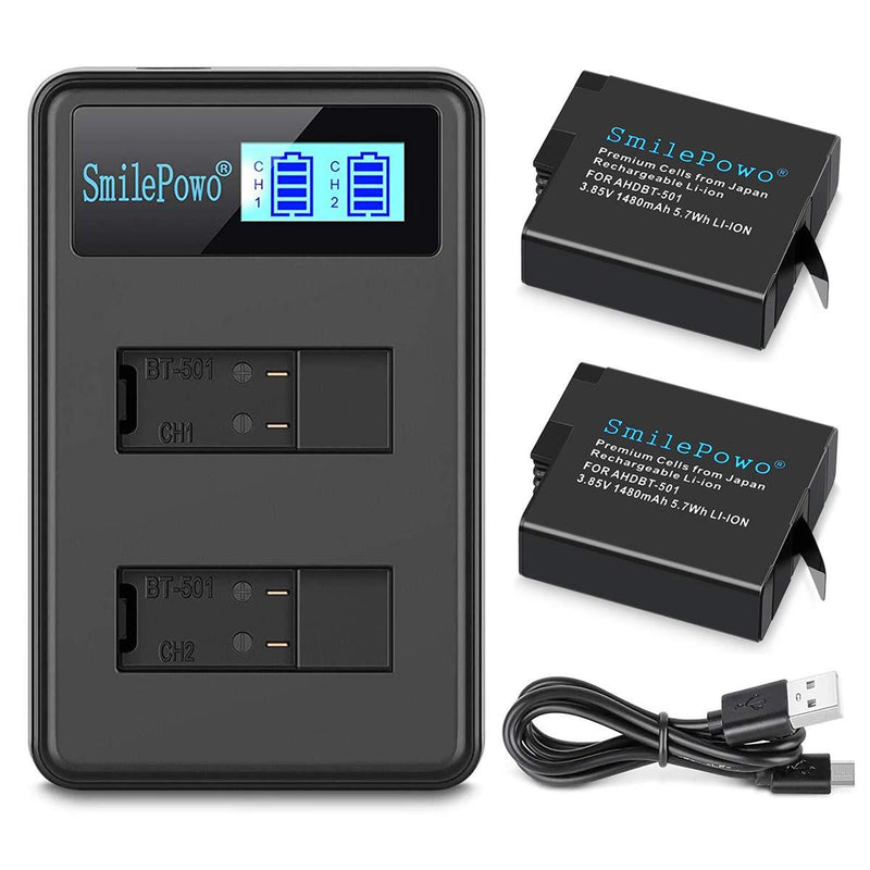 SmilePowo 2 Rechargeable Battery Dual LCD Battery Charger 1480mAh for GoPro Hero 5/6/7/8 Black,GoPro Hero 2018, GoPro AHDBT-501 AABAT-001, GoPro 601-10197-000 2 Charge + 2 Batteries