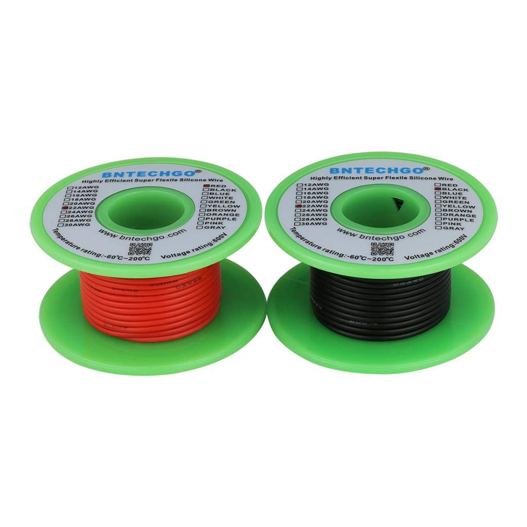 BNTECHGO 22 Gauge Silicone wire spool red 25ft and black 25ft Flexible 22 AWG Stranded Copper Wire 22 gauge silicone wire each color 25ft 22 gauge silicone wire red and black