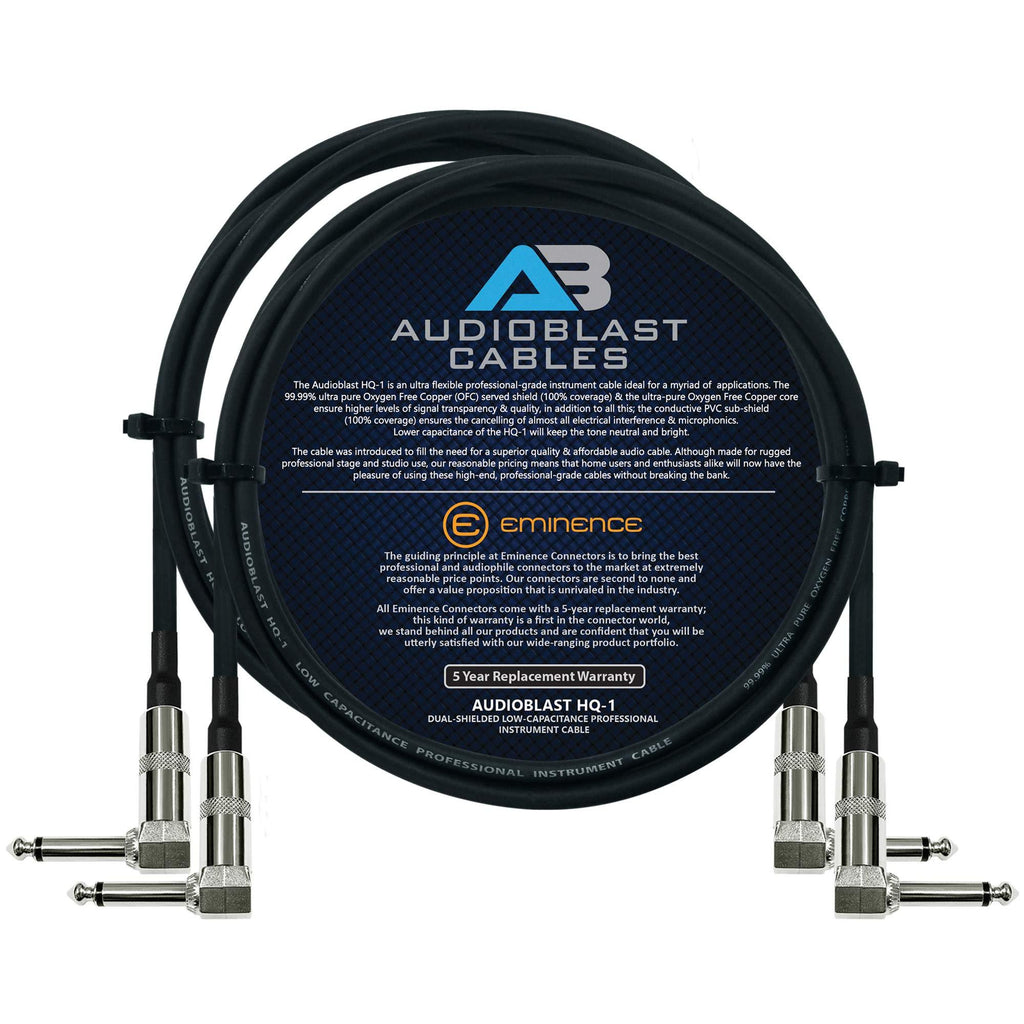 [AUSTRALIA] - Audioblast - 2 Units - 3 Foot - HQ-1 - Ultra Flexible - Dual Shielded (100%) - Guitar Instrument Effects Pedal Patch Cable w/Eminence Right-Angled ¼ inch (6.35mm) TS Plugs & Double Staggered Boots 