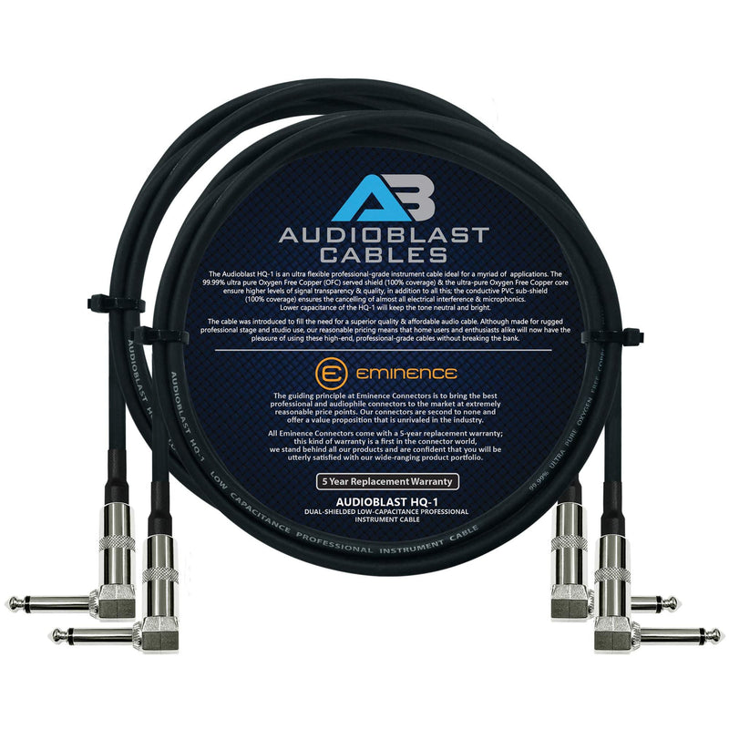 [AUSTRALIA] - Audioblast - 2 Units - 2 Foot - HQ-1 - Ultra Flexible - Dual Shielded (100%) - Guitar Instrument Effects Pedal Patch Cable w/Eminence Right-Angled ¼ inch (6.35mm) TS Plugs & Double Staggered Boots 