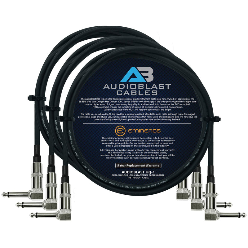 [AUSTRALIA] - Audioblast - 3 Units - 2.5 Foot - HQ-1 - Ultra Flexible - Dual Shielded (100%) - Guitar Instrument Effects Pedal Patch Cable w/Eminence Right-Angled ¼ inch (6.35mm) TS Plugs & Double Staggered Boots 