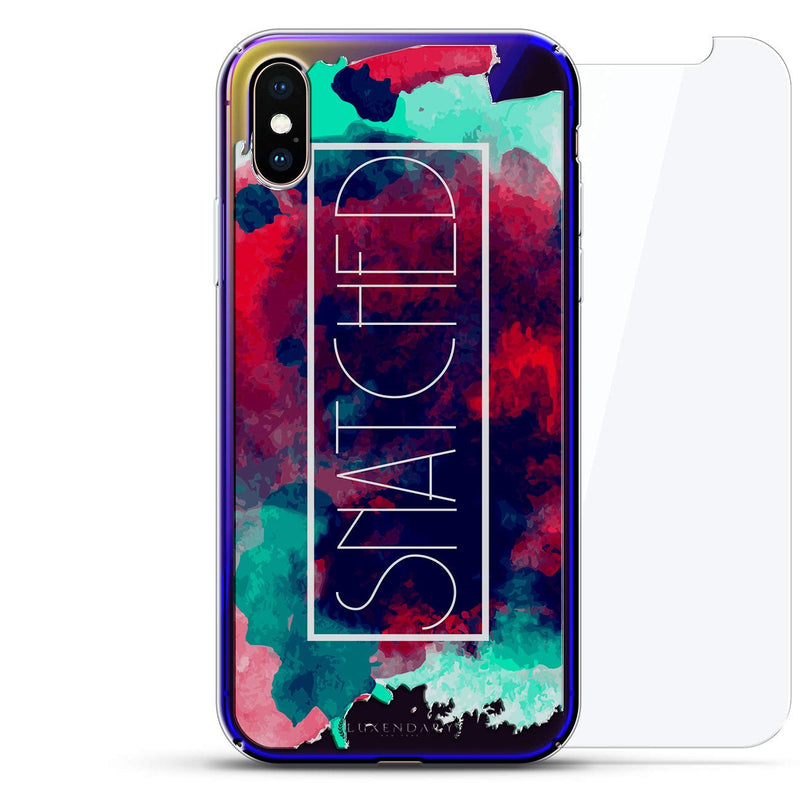 Lifestyle: Snatched White Frame Colorful Paint Stains | Luxendary Gradient Series 360 Bundle: Clear Ultra Thin Silicone Case + Tempered Glass for iPhone Xs Max (6.5") in Sunrise Blue