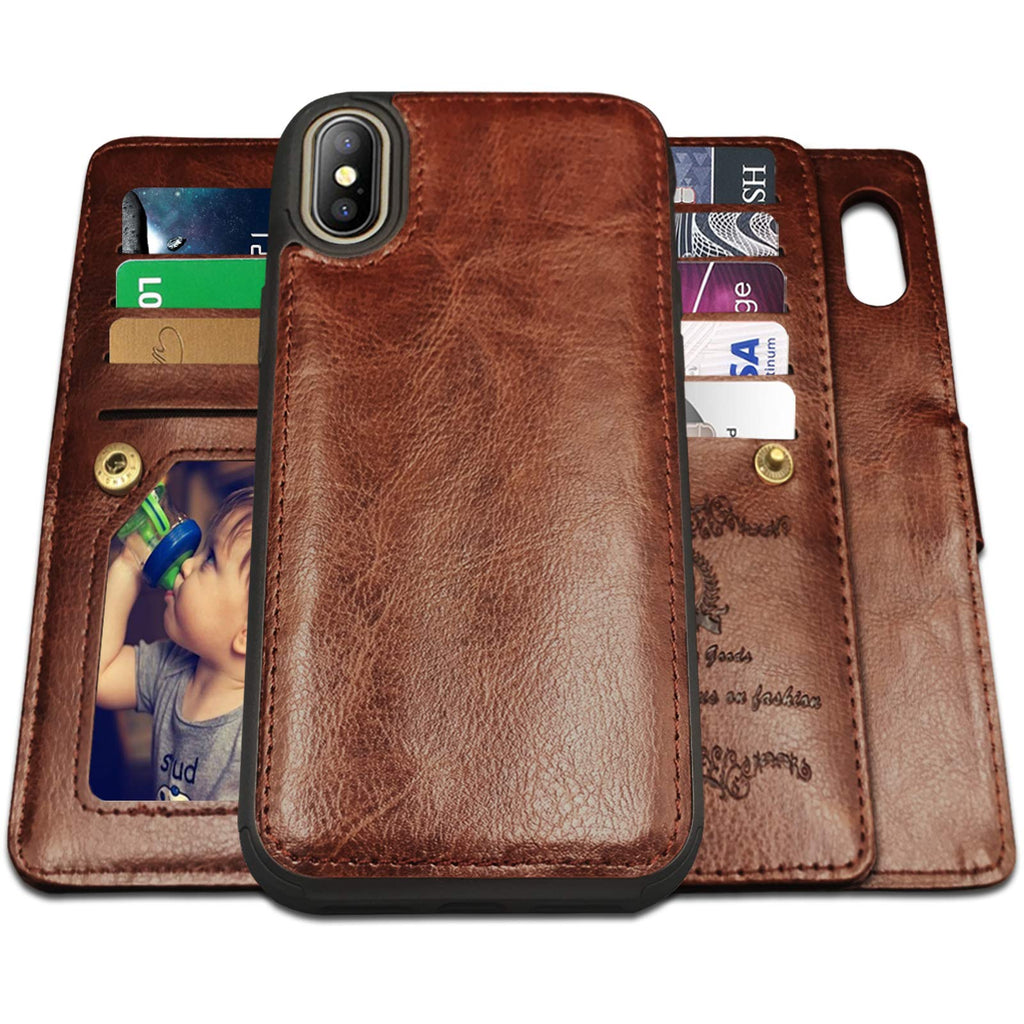 iPhone Xs MAX Case,iPhone Xs MAX Wallet Case with Magnetic Detachable Case,9 Card Slots,Wrist Strap, CASEOWL 2 in 1 Folio Flip Premium PU Leather Wallet Case for iPhone Xs MAX/10s Max 6.5 inch(Brown) Brown[for iPhone XS MAX ONLY]