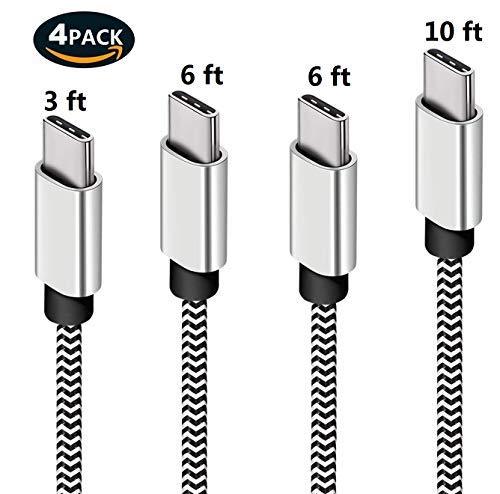 Vman TYPEC-4 Type-C C Cable, Charger Cable Nylon Braided Cable Sync Cords Fast Charger Cable for Samsung Galaxy, LG, HTC, Nexus, Google Pixel and More, 4 Pack 3Ft 6Ft 10Ft (BlackandWhite), Black