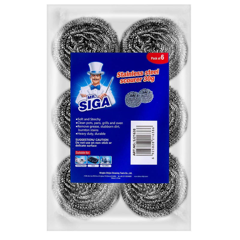 MR.SIGA Stainless Steel Scourer, Pack of 6, 30g 6 Pack - Stainless Steel