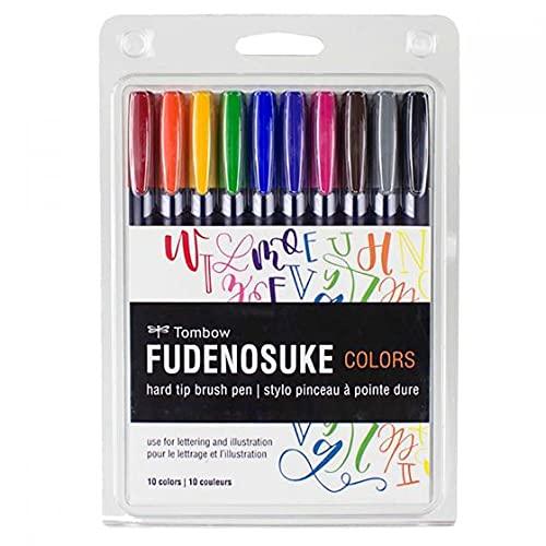 Tombow 56429 Fudenosuke Colors Brush Pens, 10-Pack. Hard Tip Fudenosuke Brush Pens in Assorted Colors for Calligraphy and Art Drawings